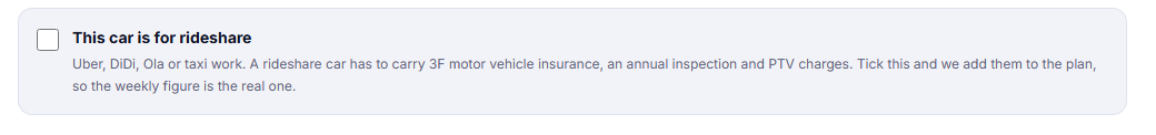 The rideshare tick box on the Toybrids rent-to-own car payment calculator that adds insurance, inspection and PTV charges to the plan