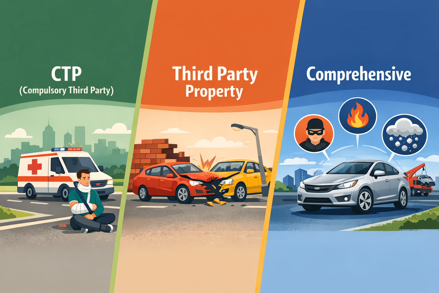 CTP vs Third Party Property vs Comprehensive car insurance comparison graphic for Perth drivers showing injury cover, property damage, and full vehicle protection differences.