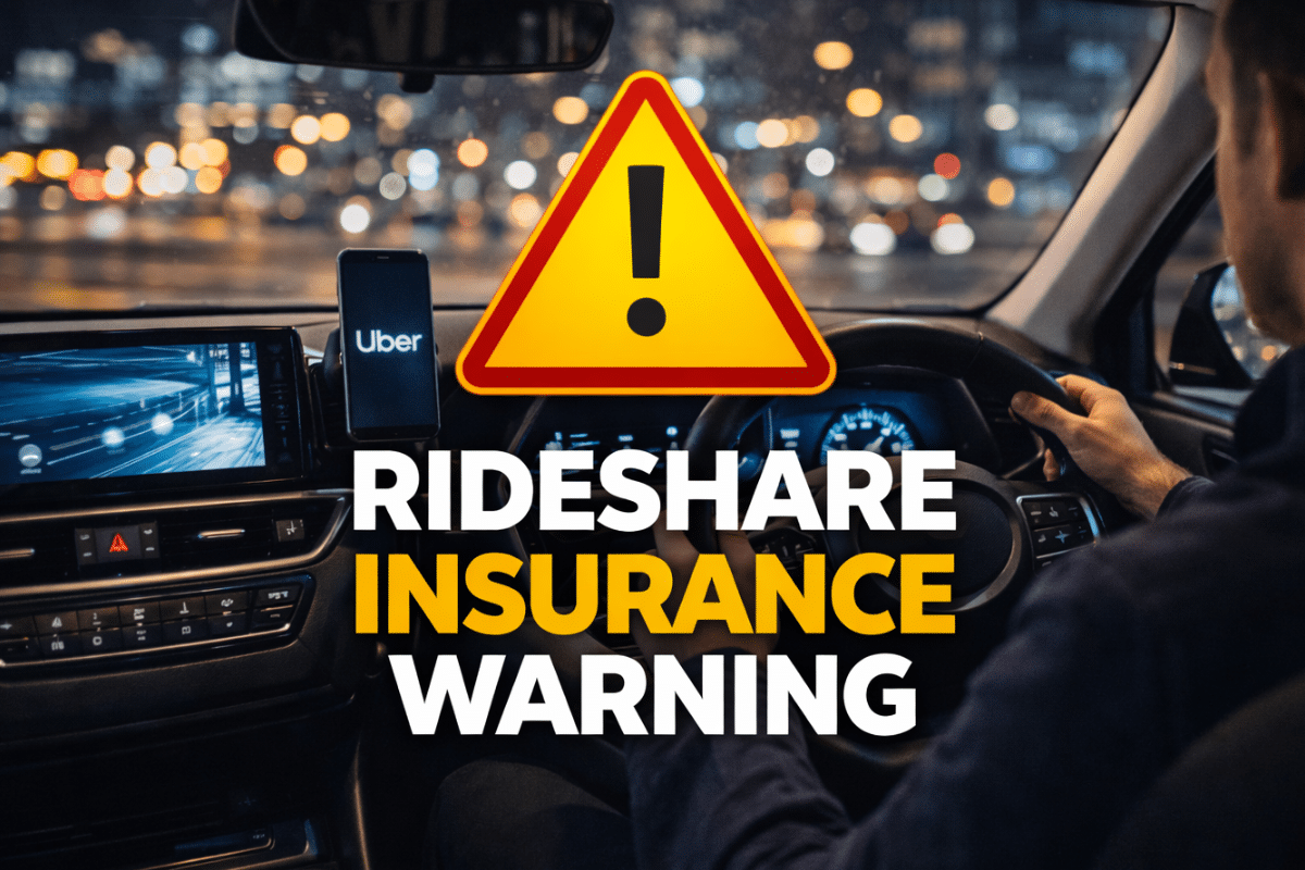 Rideshare driver in a right-hand drive car at night with Uber app on dashboard and warning sign – rideshare insurance warning Australia