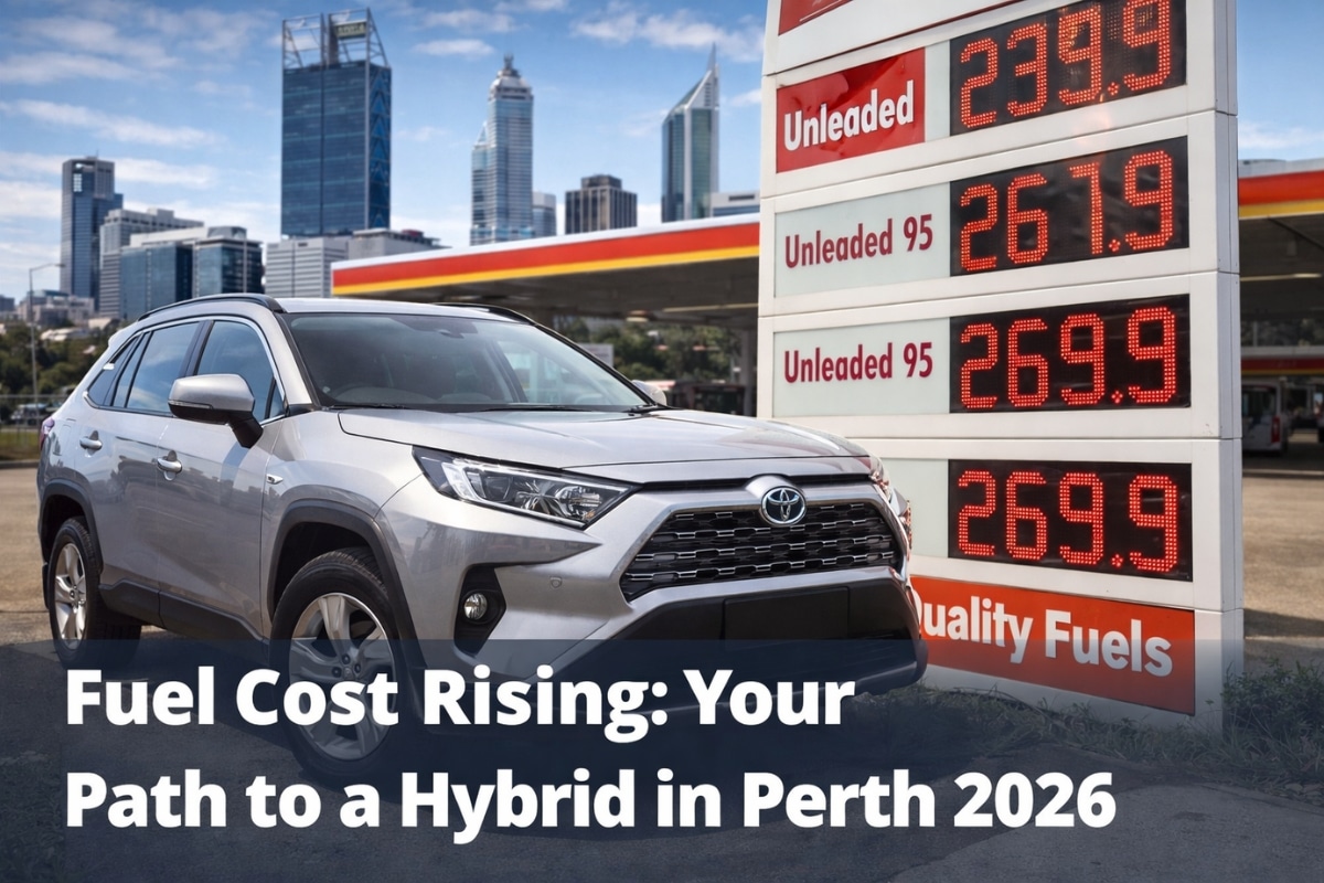fuel cost rising in Perth shown on petrol station board near $2.60 per litre with Toyota RAV4 hybrid and city skyline in background