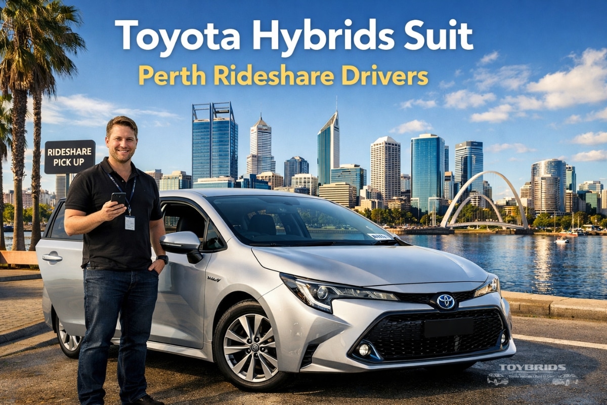 Toyota Corolla hybrid with rideshare driver in Perth skyline at Elizabeth Quay suitable for Perth rideshare drivers