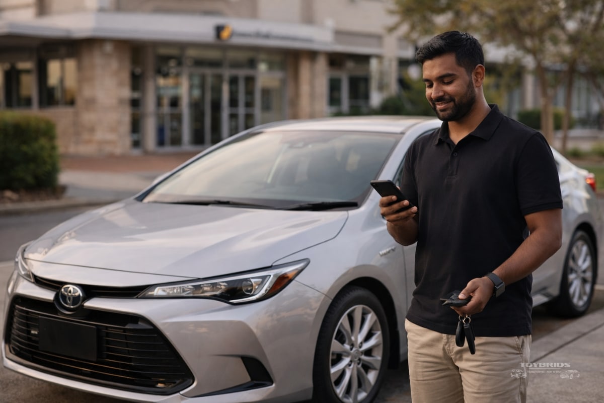 Diverse rideshare driver standing beside a modern Toyota Corolla Hybrid on a Perth suburban street, holding car keys and checking phone with a relaxed, confident expression, with a blurred bank building in the background suggesting independence from traditional finance.