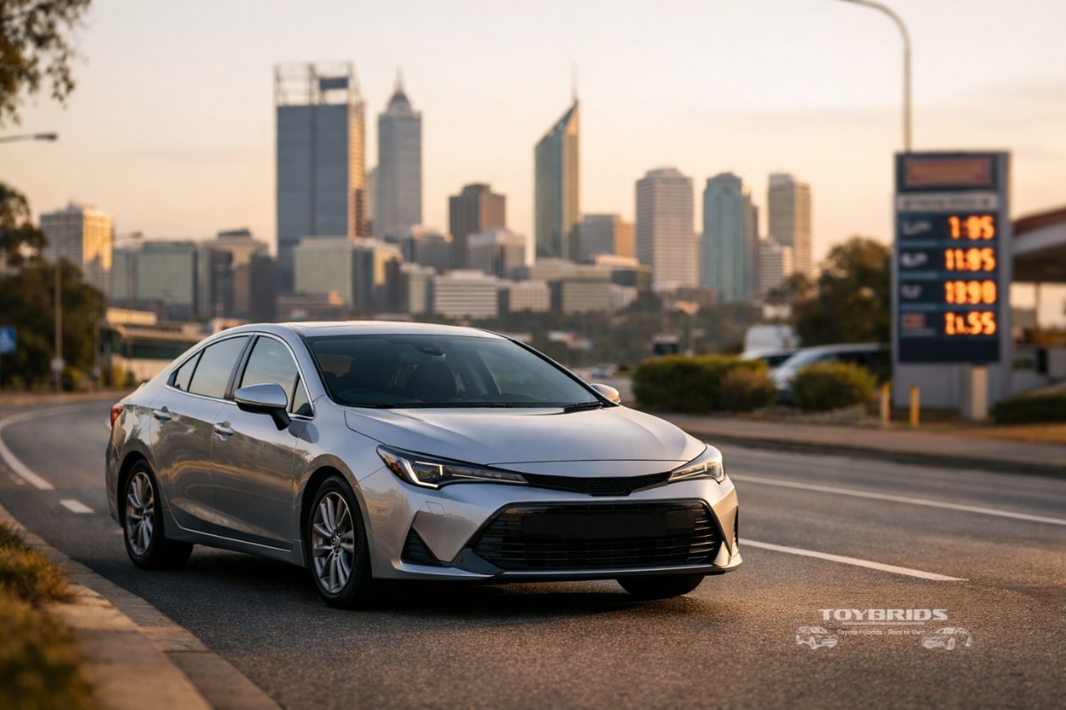 Toyota hybrid driving in Perth with rising fuel cost context for rideshare drivers