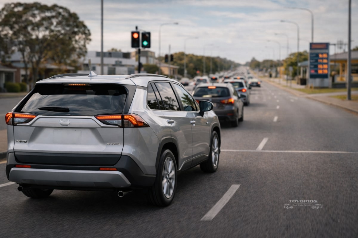 Toyota RAV4 Hybrid driving in Perth showing fuel efficiency advantages in rising fuel market