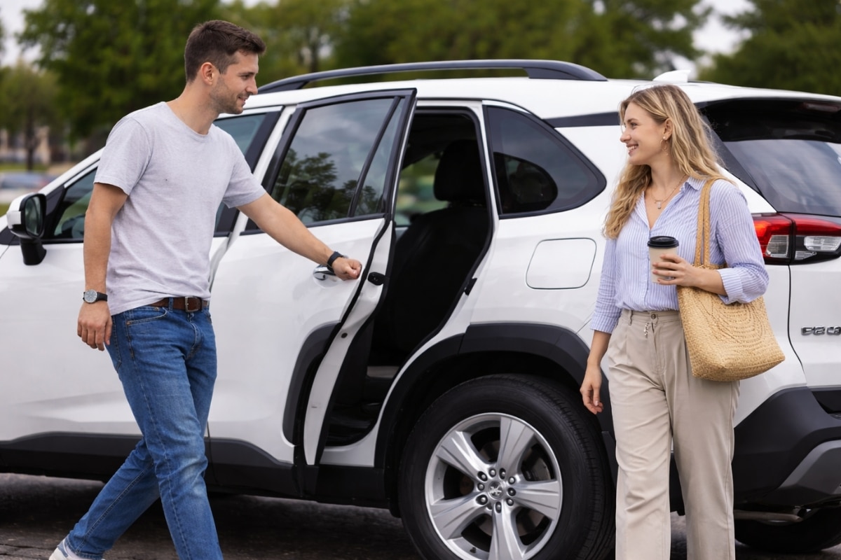 Toyota RAV4 Hybrid in Perth with rideshare driver opening door for passenger showing real rideshare use
