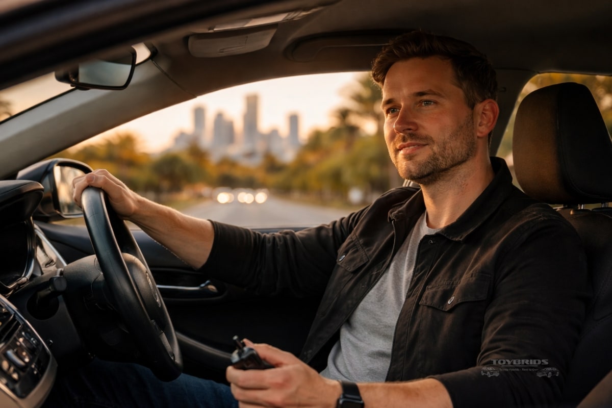 Rideshare driver in Toyota hybrid in Perth showing rent-to-own programs for rideshare drivers and path to ownership