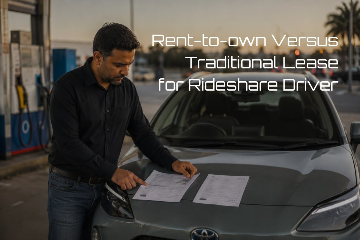 Perth rideshare driver comparing rent-to-own versus traditional lease options beside a Toyota hybrid at a petrol station