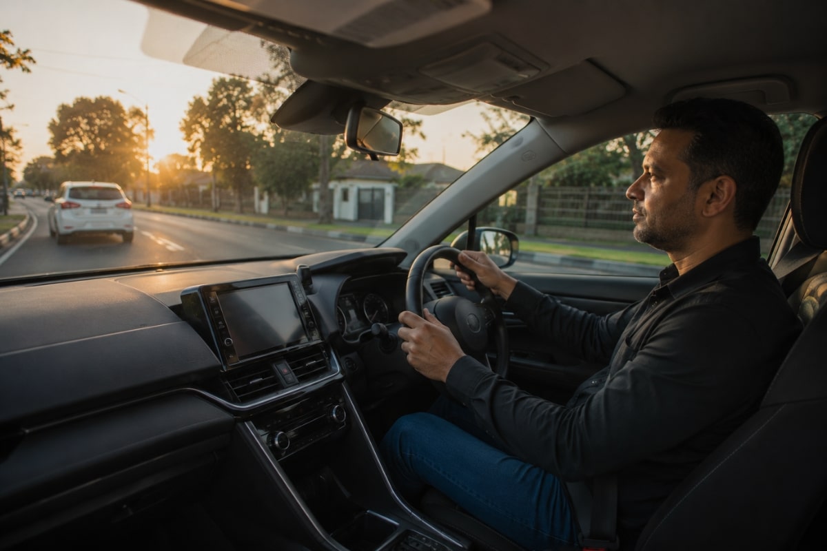 Perth rideshare driver driving a Toyota hybrid on suburban Australian roads at sunrise
