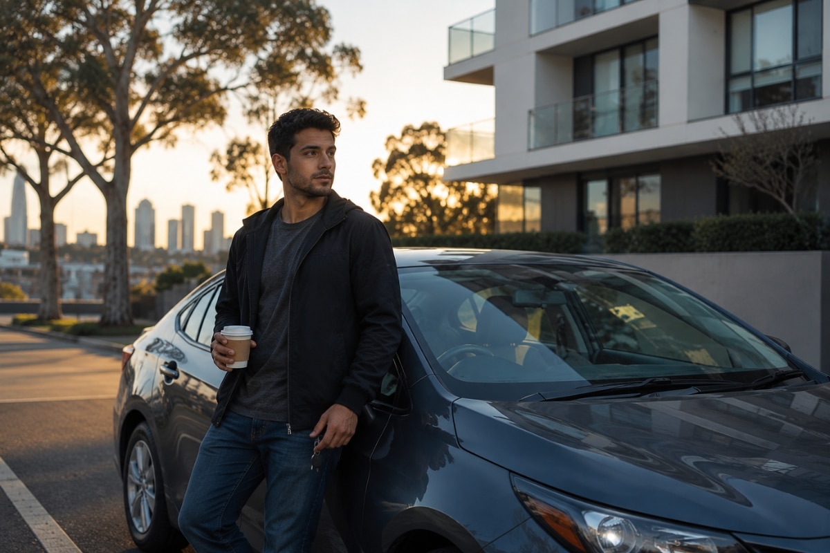 Perth rideshare driver standing beside a dark grey Toyota Corolla Hybrid outside a modern apartment building at sunrise