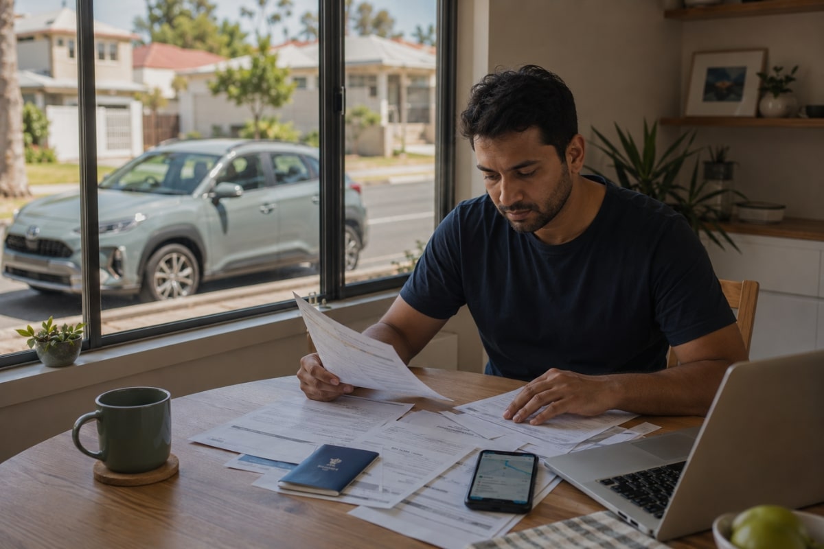 Visa holder in Perth reviewing rideshare car paperwork and expenses with a Toyota hybrid parked outside