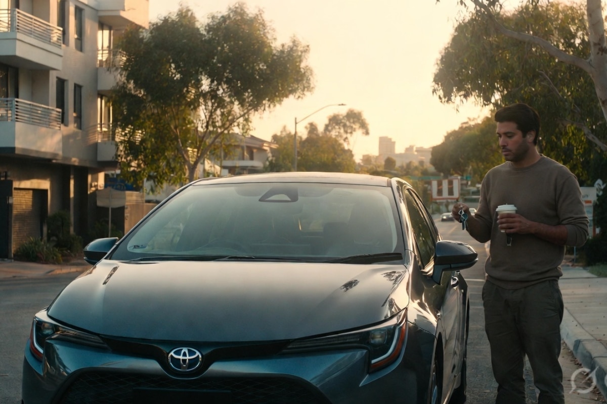 young Perth rideshare driver standing beside a dark grey Toyota Corolla Hybrid parked outside a modern apartment building at early morning sunrise.