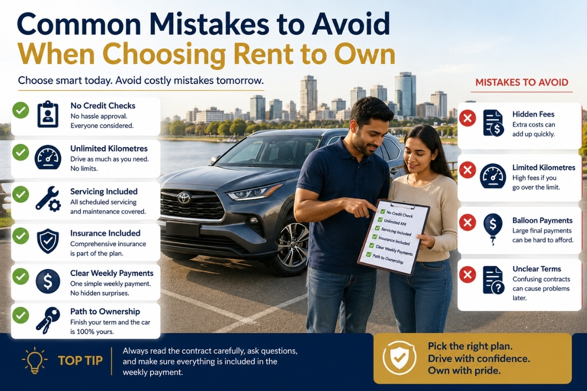 Common mistakes to avoid when choosing rent to own in Perth, including hidden fees, limited kilometres, balloon payments, and unclear contract terms.