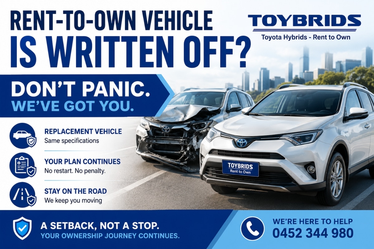 Rent-to-own vehicle is written off? Toybrids replaces your written-off hybrid with a similar Toyota, so your rent-to-own agreement continues without restarting. Damaged vehicle beside replacement Toyota Hybrid with Toybrids branding in Perth.